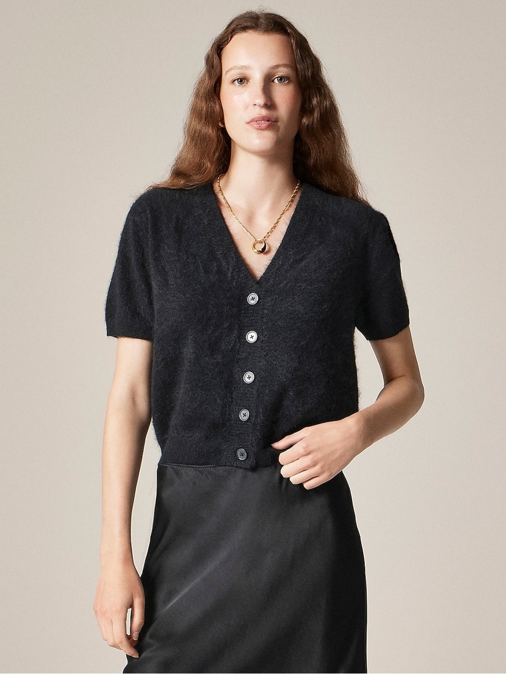 NWT JCrew Brushed Cashmere Short Sleeve Cardigan Sweater Small Black $178 CM665